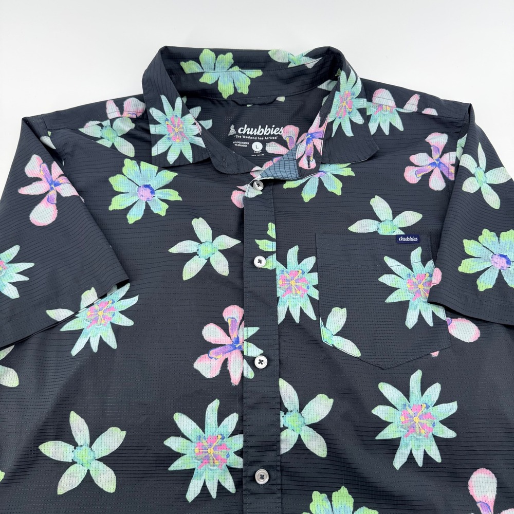 Chubbies Floral Tropical Button Down Performance Shirt Large Black Short Sleeve